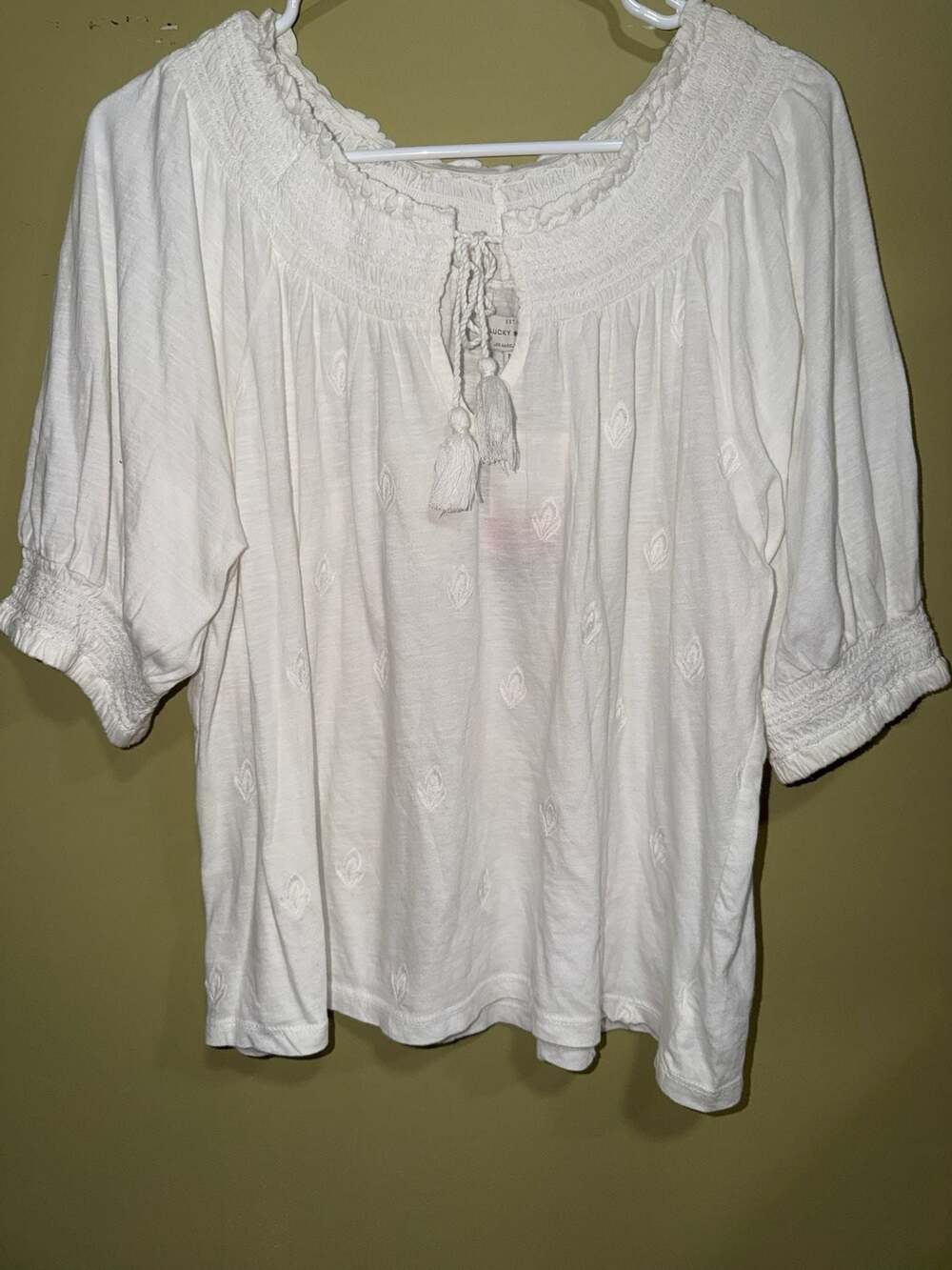 Lucky Brand Women's White Embroidered Smocked Peasant Blouse Top